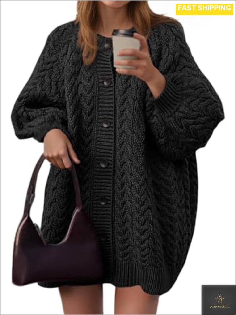 Cable Knit Button Down Cardigan Chunky Oversized Lantern Sleeve Crew Neck